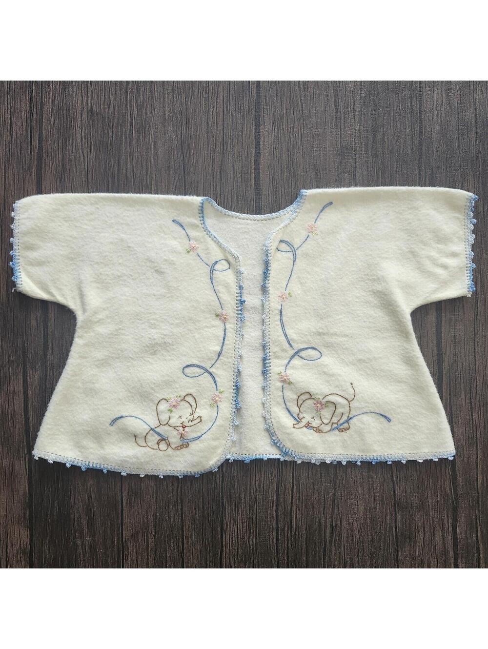 Vintage Embroidered Flannel Baby Jacket Yellow Elephant & Ribbon Detail 1950's